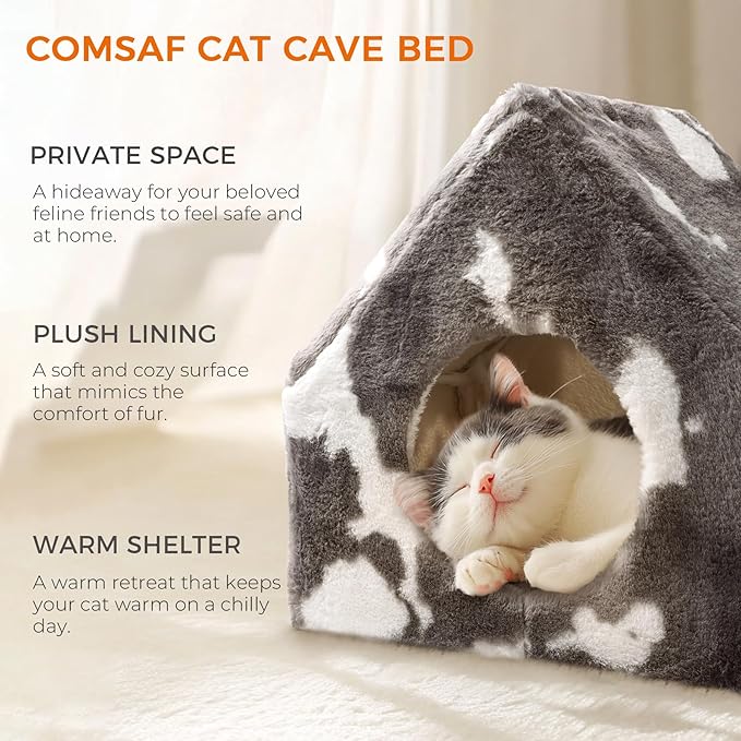 ComSaf Cat Bed House, Cat Cave for Indoor Cats with Fluffy Covered Cat Beds, Washable Cat House Hideaway Hut for Kitten Rabbit, Sturdy Beds & Furniture Gifts, Grey