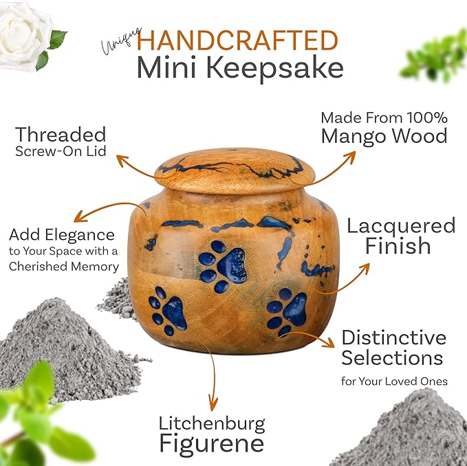 INTAJ Wooden Pet Urns for Dogs/Cats Ashes - Blue Resin Paws & Lichtenburg Design - Keepsake Cremation Urn Box, Pet Memorial Wooden Urns for Ashes, Small to Large Sizes (Odyssey, Small)