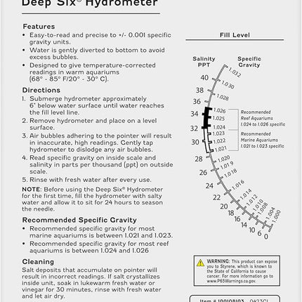 Coralife Aquarium Fish Tank Deep Six Hydrometer For Measuring Water Salinity PPT and Specific Gravity