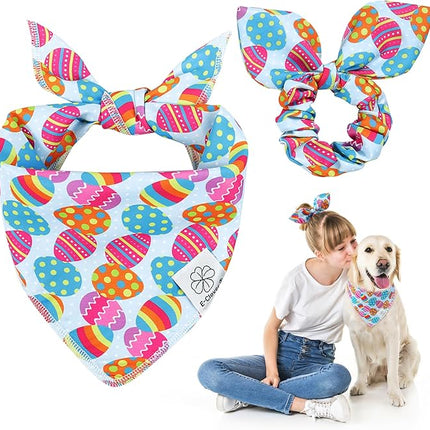E-Clover Easter Dog Bandana & Matching Scrunchie Set Egg Dog Bandanas Scarf with Bunny Hair Tie for Medium Large Dogs & Pet Owner Mom Gift