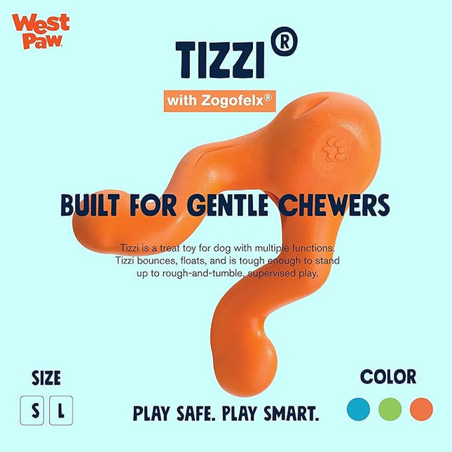 West Paw Zogoflex Tizzi Interactive Treat Dispensing Dog Fetch Play Toy, 100% Guaranteed Tough, It Floats!, Made in USA, 4.5-Inch Small, Tangerine