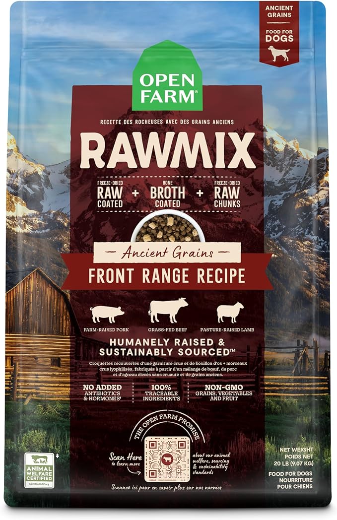 Open Farm, RawMix Dry Dog Food with Ancient Grains, Protein-Packed Kibble Coated in Bone Broth with Freeze Dried Raw Chunks, Beef Pork & Lamb, Front Range Recipe, 20lb Bag