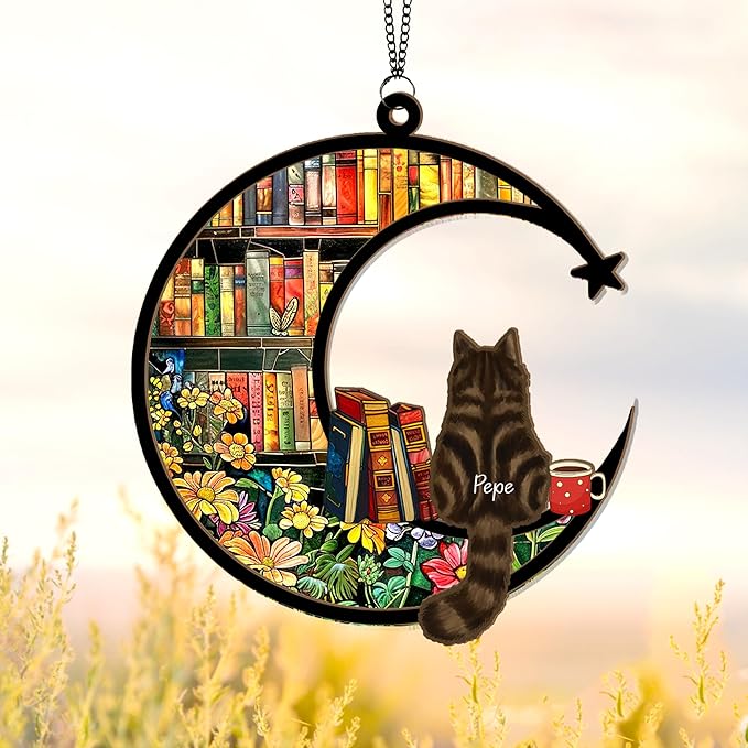 Personalized Pet Memorial Suncatcher – Custom Cat Book Suncatcher with Name & Breed, Memorial Keepsake for Cat Lovers, Home Décor Gift for Nerds, Librarians & Readers