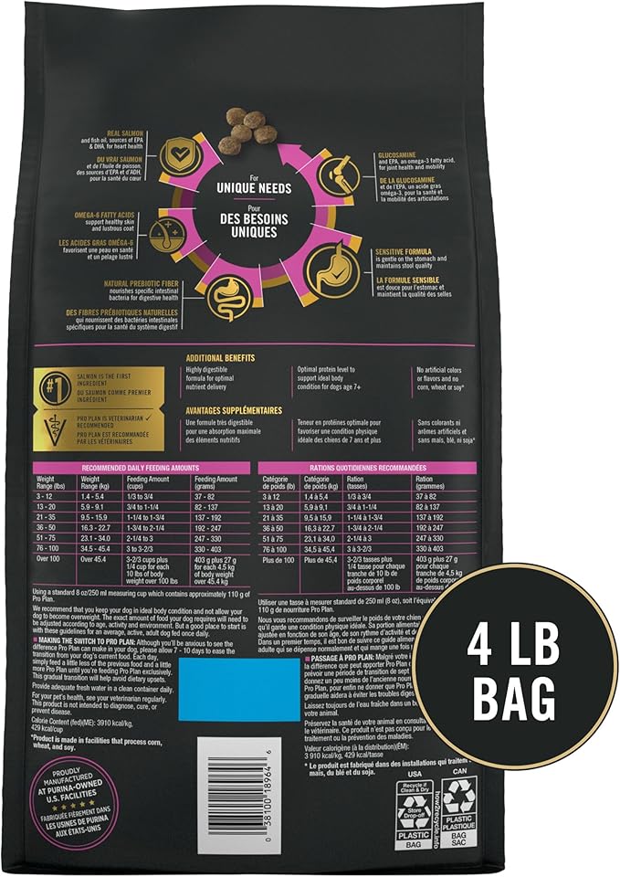 Purina Pro Plan Sensitive Skin and Stomach Dry Dog Food Senior Adult 7 Plus Salmon and Rice Formula - 4 lb. Bag