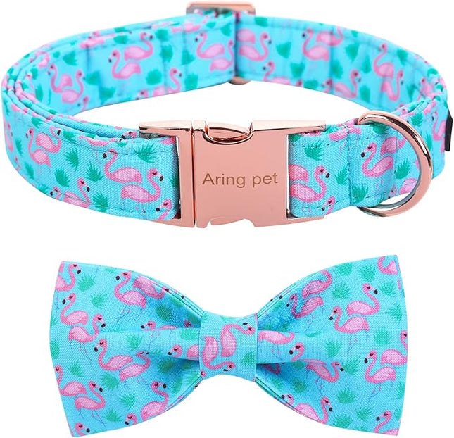 ARING PET Flamingo Dog Collar-Cotton Dog Collar with Bow, Adjustable Summer Bowtie Dog Collars Pet Collars with Metal Buckle
