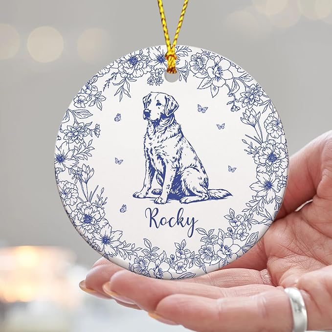 Personalized Chinoiserie Toile Pet Memorial Ornament – Custom Dog or Cat Christmas Ornament – Customizable with Name and Date – Unique Pet Lovers Gift – Pet Memorial Picture Ornament