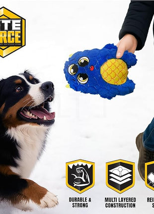Bite Force - Durable & Strong Dog Toy Blue Furocious Frank Monster with Squeaker, Kevlar-Reinforced Seams for Aggressive chewers.