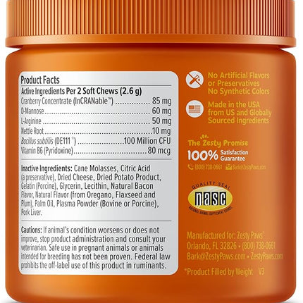 Zesty Paws Cranberry Urinary Tract Bites for Cats - Kidney & Urinary Tract Health - Soft Chews with D-Mannose, Vitamin B6 & L-Arginine - Immune & Gut Support - Bacon - 60 Count