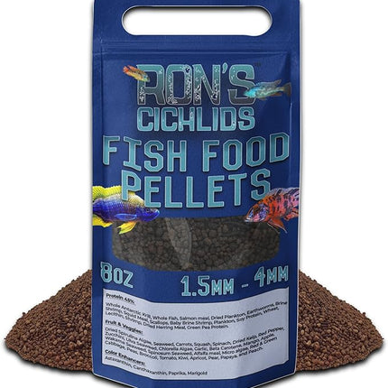 RON'S CICHLIDS Adult African Cichlid Fish Food Pellets – USA Made Slow Sinking Cichlid Pellets & Sticks Feed, Low Fillers, Ideal for Cichlid Food, Koi, Goldfish, Pleco, Oscar & Tropical Fish, 8 OZ