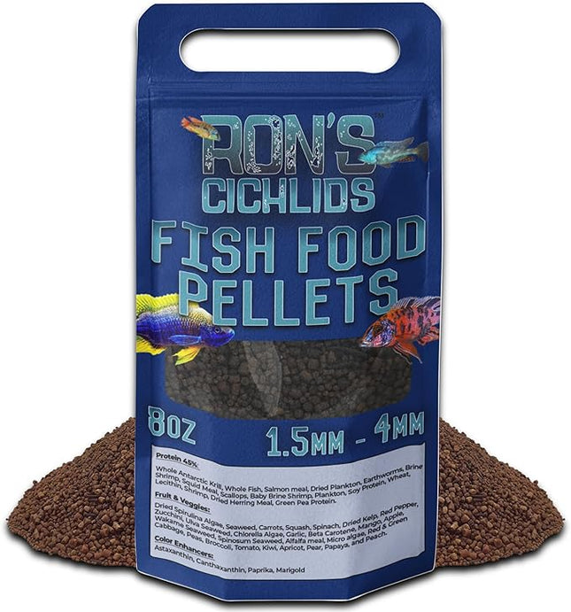 RON'S CICHLIDS Adult African Cichlid Fish Food Pellets – USA Made Slow Sinking Cichlid Pellets & Sticks Feed, Low Fillers, Ideal for Cichlid Food, Koi, Goldfish, Pleco, Oscar & Tropical Fish, 8 OZ
