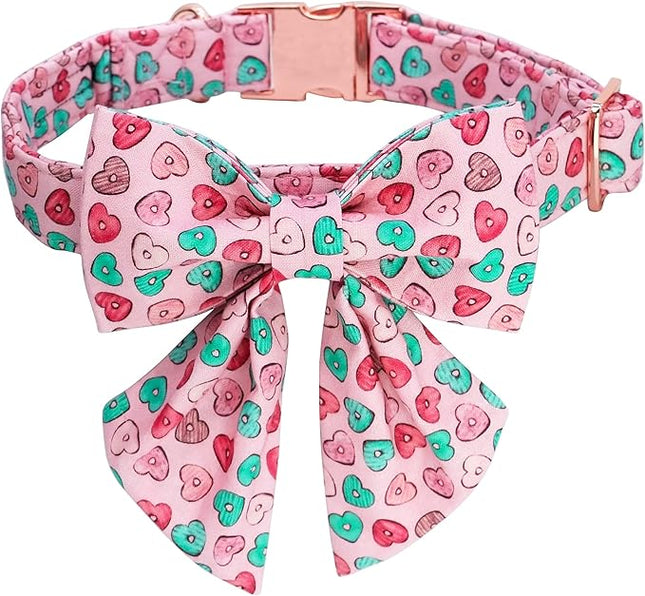 Maca Bates Valentine's Day Dog Collar with Sailor Bow for Medium Girl Boy Dogs,Pink Love Hearts Pattern,Adjustable Durable Soft Valentine Gift for Female Male Puppy