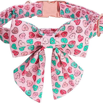 Maca Bates Valentine's Day Dog Collar with Sailor Bow for Extra Large Girl Boy Dogs,Pink Love Hearts Pattern,Adjustable Durable Soft Valentine Gift for Female Male Puppy