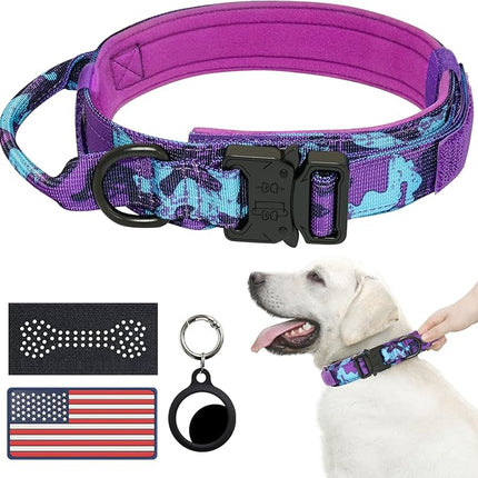 Hotsky Tactical Dog Collar, Adjustable Military Training Nylon Airtag Collar with Handle and Heavy Duty Metal Buckle for Medium Large Dogs, with Airtag Holder and Two Patches（Purple Camo,L）