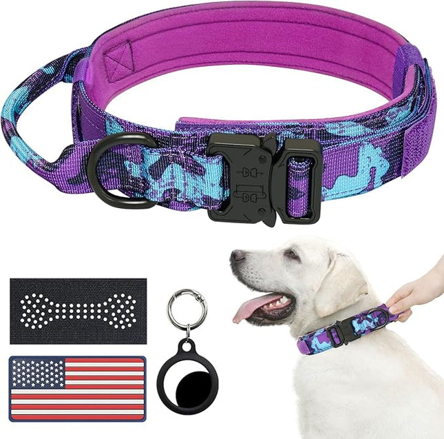 Hotsky Tactical Dog Collar, Adjustable Military Training Nylon Airtag Collar with Handle and Heavy Duty Metal Buckle for Medium Large Dogs, with Airtag Holder and Two Patches（Purple Camo,XL）