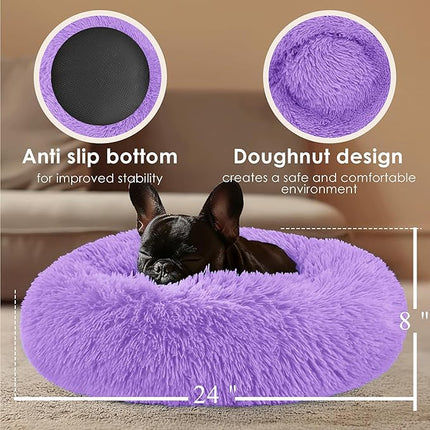 Dogs Bed for Small Dogs, Anti-Anxiety Washable Round Bed (Purple, 24.0" L x 24.0" W x 8.0" Th)
