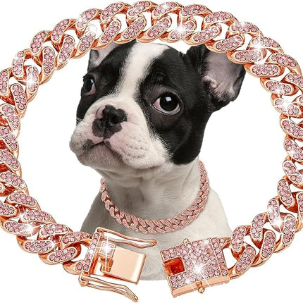 Rosegold Dog Chain Collar Diamond Cuban Link Dog Collar 13mm Wide Dog Necklace Metal Cat Chain Pet Crystal Collar Jewelry Accessories for Small Medium Large Dogs Cats(18inch)