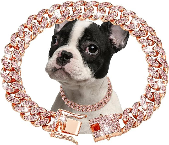 Rosegold Dog Chain Collar Diamond Cuban Link Dog Collar 13mm Wide Dog Necklace Metal Cat Chain Pet Crystal Collar Jewelry Accessories for Small Medium Large Dogs Cats(12inch)