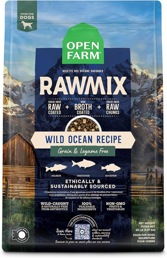 Open Farm, RawMix Grain-Free Dry Dog Food, Protein-Packed Kibble Coated in Bone Broth with Freeze Dried Raw Chunks, Salmon Whitefish & Rockfish, Wild Ocean Recipe, 20lb Bag