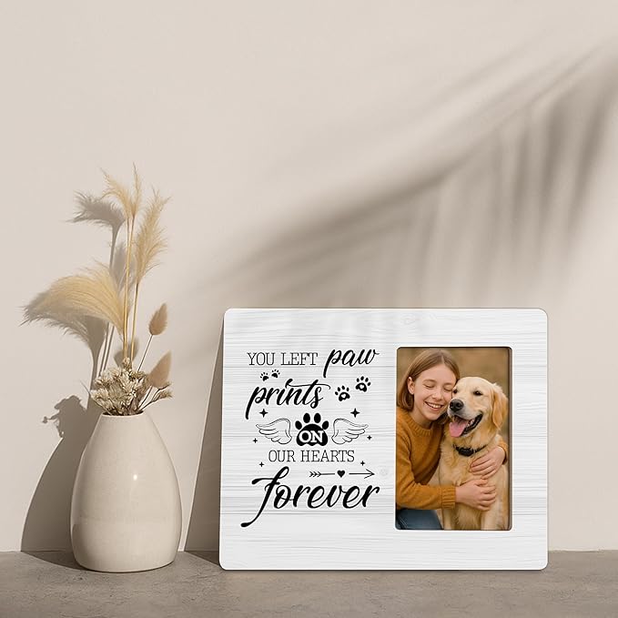 Dog Memorial Gifts for Loss of Dog Frame, Pet Loss Sympathy Gift Picture Frame, You Left Paw Prints on Our Hearts Frames Fits 4x6 Photo