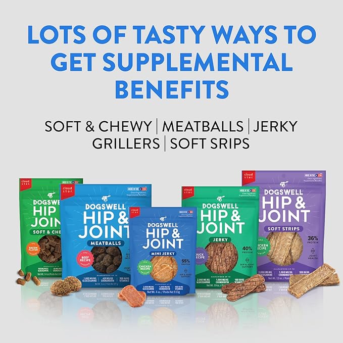 Dogswell Jerky Hip and Joint Dog Treats Grain Free Made in USA Only, Glucosamine and Chondroitin, 12 oz Chicken