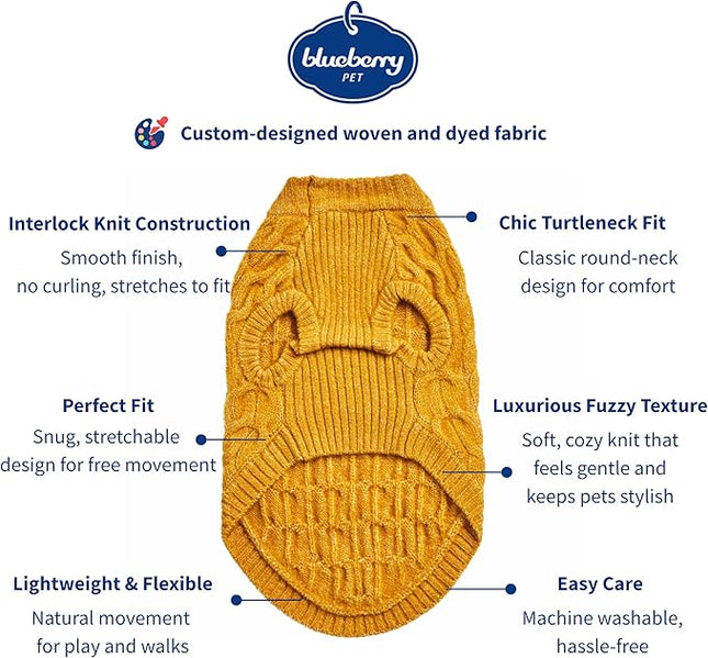 Blueberry Pet Classic Fuzzy Textured Knit Pullover Crew-Neck Dog Sweater in Mustard Yellow, Back Length 16", Pack of 1 Clothes for Dogs