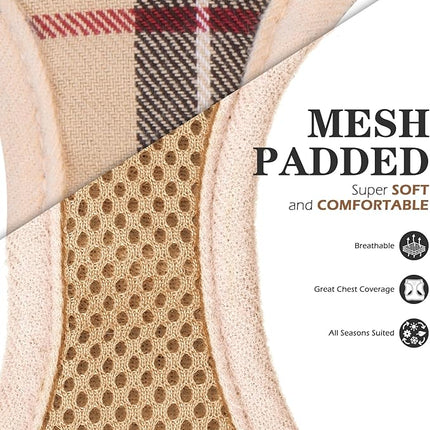 EXPAWLORER Plaid Small Dog Harness and Leash Set with AirTag Holder - Soft Padded Step in Dog Vest Harness Medium Sized Dog, No Pull Reflective Puppy Harness, Collar and Leash for Walking, Khaki XS