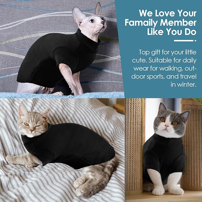 SUNFURA Turtleneck Sweater for Cat, Sphynx Cats Shirt Hairless Cat Sweaters with Sleeves, Warm and Soft Kitten Pullover Fleece Winter Pajamas Jumpsuit for Puppy Cats, Black XL