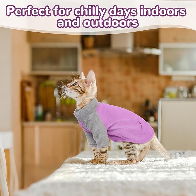 PUMYPOREITY Turtleneck Sweater for Sphynx Cat, Soft Coral Fleece Cat Clothes, Thick Winter Warm Outfit Coat with Sleeves, XL, Purple