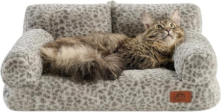 Hollypet Fluffy Plush Pet Cat Couch Soft Calming Pet Sofa Beds for Medium Small Cats and Dogs, Snow Leopard