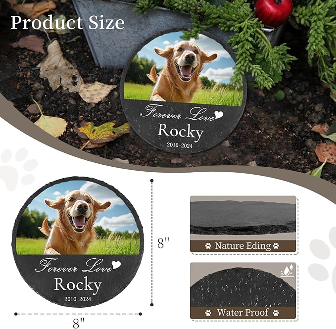 Ships Next Day Personalized Pet Memorial Stone for Loss of Dog Cat, Custom Photo Name Memory Headstone Garden Grave Marker Bereavement Sympathy Gift