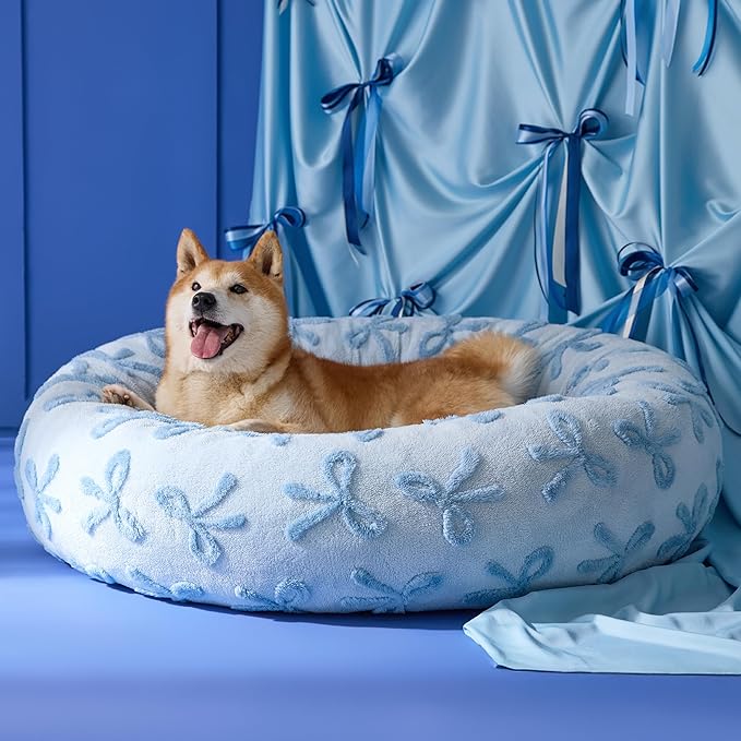 LE SURE Donut Large Dog Bed - Round Cat Beds for Indoor Anti-Anxiety Calming Pet Beds, Washable Cute Modern Beds with Jacquard Shaggy Plush & Anti Slip Bottom, 36 Inch, Ice Melt