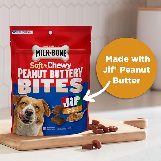 Milk-Bone Peanut Buttery Bites Soft Dog Treats with Jif Peanut Butter, 11.8 Ounce Bag