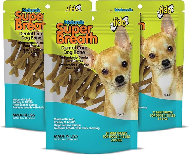 Fido - Super Breath Dental Care Bones for Dogs - 21 Treats/Pack (3 Pack) - Dog Dental Treats for Small Dogs, Made in USA, Dog Dental Chews Help Reduce Plaque, Tartar Buildup & Freshens Breath
