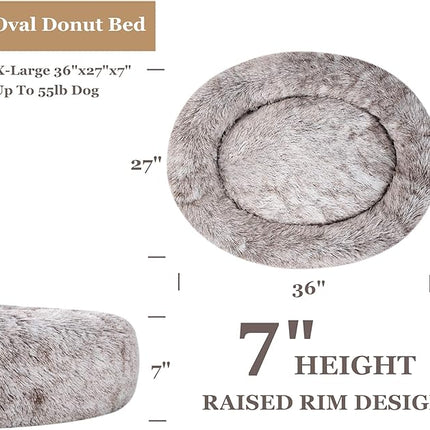 Coohom Oval Calming Donut Cuddler Dog Bed,Shag Faux Fur Cat Bed Washable Round Pillow Pet Bed(30"/36"/43") for Medium Dogs (XL(36"x27"x7"),Light Brown)