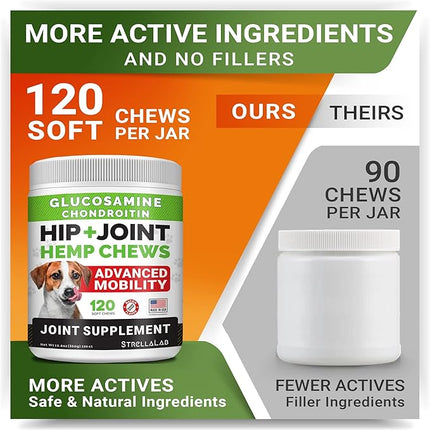 Large Breed Hemp + Glucosamine Dog Joint Supplement - Hemp Chews for Dogs Hip Joint Pain Relief - Omega 3, Chondroitin, MSM - Advanced Mobility Hemp Oil Treats for Large Dogs - Made in USA - 240 Ct