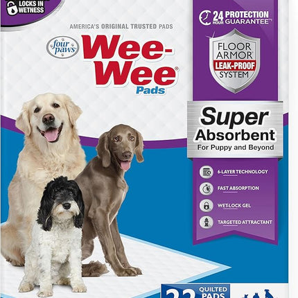 Four Paws Wee-Wee Super Absorbent Unscented Pee Pads for Dogs & Puppies with Insta-Rise Border, Leak-Proof Dog Housebreaking Potty Training Floor Protection, 24" x 24", 22 Count