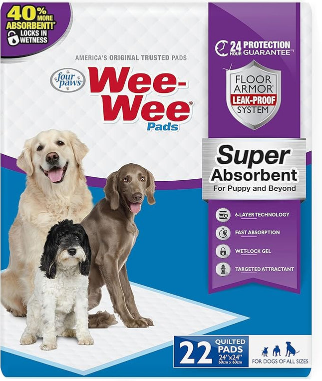 Four Paws Wee-Wee Super Absorbent Unscented Pee Pads for Dogs & Puppies with Insta-Rise Border, Leak-Proof Dog Housebreaking Potty Training Floor Protection, 24" x 24", 22 Count