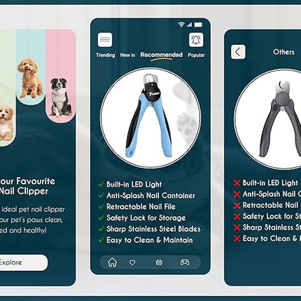 Candure LED Dog Nail Clippers with Light - Pet Nail Clippers with Light for Dogs & Cats, Sharp Stainless Steel Blades for Thick Nails, Safe Grooming Trimmer with Nail File (Sky Blue)