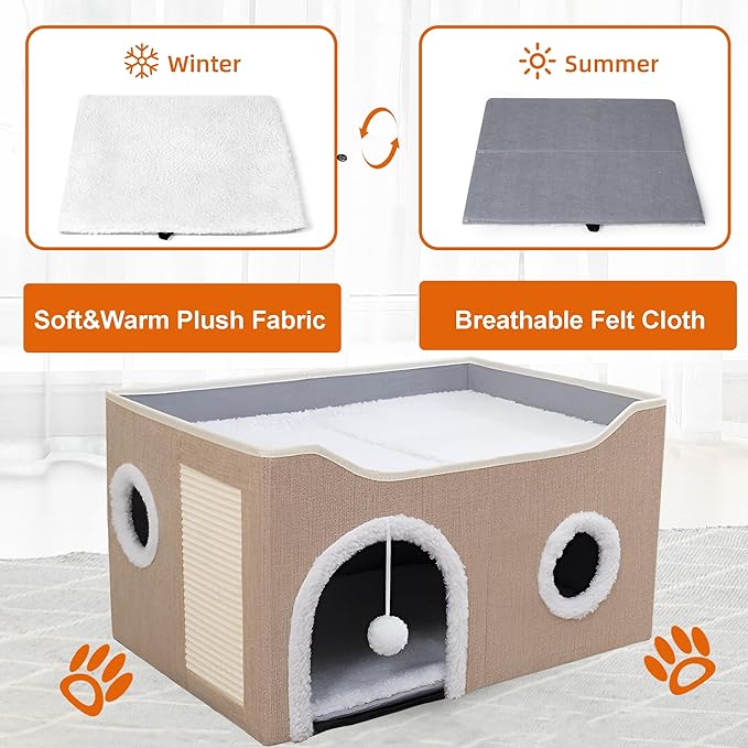 Cat Houses for Indoor Cats - Large Cat Bed Cave with Scratch Pad and Fluffy Ball, Foldable Cat Condo Hideaway with Reversible Cushion for Multi Small Pet, Khaki