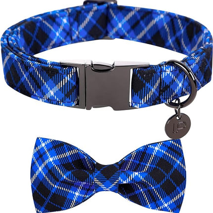 Dog Collar With Bow Tie, Cotton Bowtie for Medium Girl Boy, Holiday Blue With Durable Metal Buckle, Cute Plaid Pet Collar, M