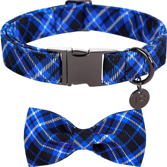 Dog Collar with Bow Tie, Cotton Dog Bowtie Collar for X-Large Girl Boy Dog, Holiday Blue Dog Collar with Durable Metal Buckle, Cute Plaid Pet Collar, XL