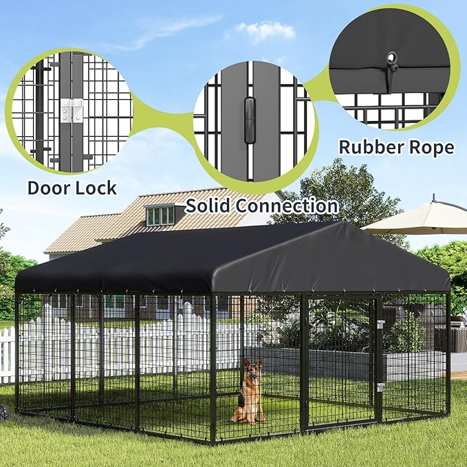 354" x 118" Outdoor Dog Kennel Steel Ideal Dog Fence for Medium/Small Dogs Anti-Rust Coating Cage with Roof All Weather Resistant Dog House with Double Locks