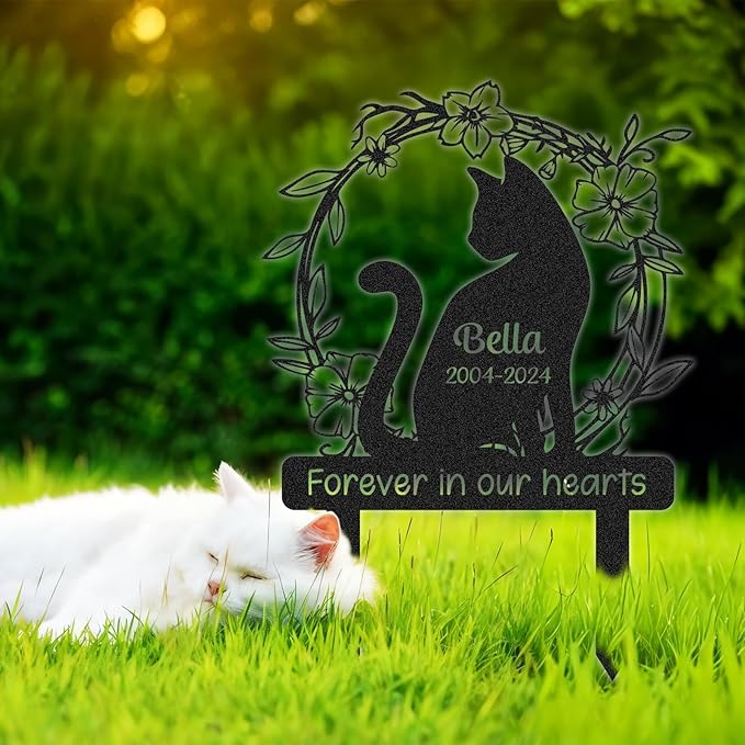 Personalized Pet Graves Marker Cat, Metal Memorial Plaques for Outdoor Graveyard Garden Yard, Custom Waterproof Pet Headstone with Name & Date, Cat Memorial Gifts for Loss of Cat Color01