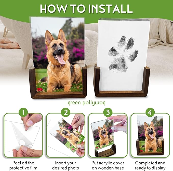Green Pollywog | Wood Base Pawprint Frame Kit | (2) 4” x 6” Vertical Wooden Picture Frames | Extra-Large Clean Touch Ink Pad | Dog Paw Print Gifts | No Mess Ink Pad | Pet Memorial Picture Frame