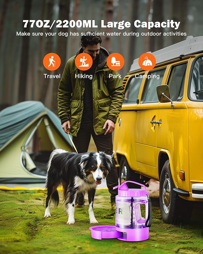 77oz Large Dog Water Bottle Portable - Dog Travel Water Dispenser with Large Bowl, Ideal for Hiking, Camping, Travelling, Outdoor Portable Pet Bottle, Purple