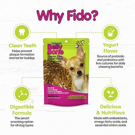 Fido - Belly Bones for Dogs, 100 Yogurt Flavor Mini Dog Dental Treats(100 Count) - Made in USA - For Extra Small Dogs - Plaque and Tartar Control for Fresh Breath, Digestive Health Support