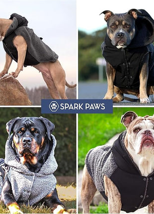 Spark Paws Reversible Fleece Dog Jacket, Hooded Sweater Vest, Warm Coat for Winter - Suitable for Small Medium Large XL XXL Dogs - Black and Grey - L