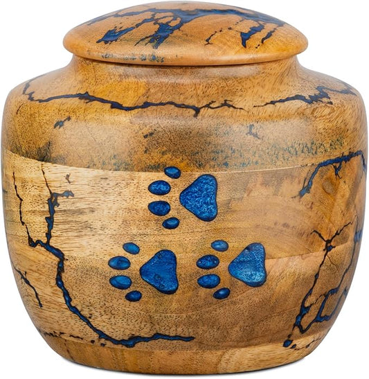 INTAJ Wooden Pet Urns for Dogs/Cats Ashes - Blue Resin Paws & Lichtenburg Design - Keepsake Cremation Urn Box, Pet Memorial Wooden Urns for Ashes, Small to Large Sizes (Odyssey, Medium)