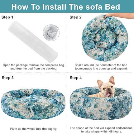 Dog Calming Beds for Small Medium Large Dogs - Round Donut Washable Puppy Dog Bed, Anti-Slip Faux Fur Fluffy Donut Cuddle Anxiety Cat Pet Bed (28" Flower)