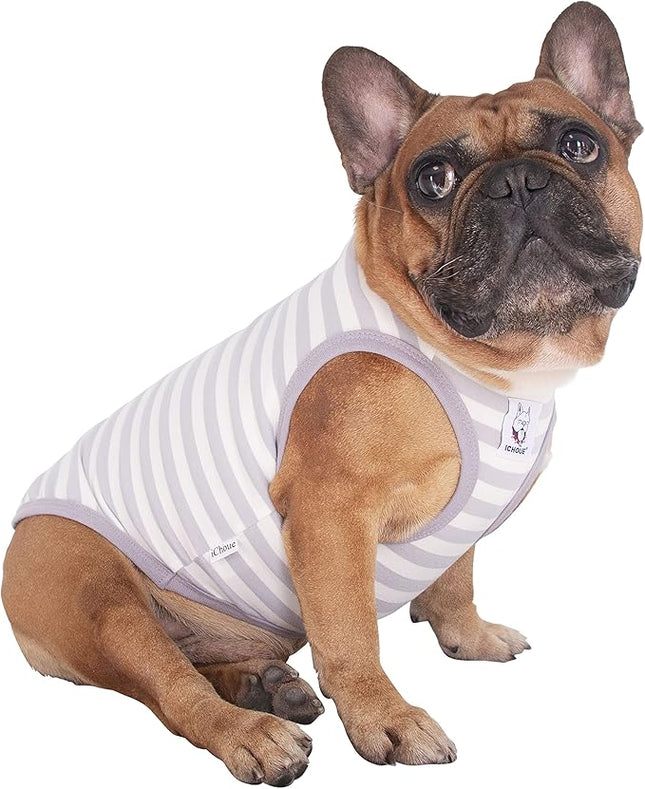 iChoue French Bulldog 100% Breathable Cotton Striped T Shirts Halloween Vest Clothes for Small Dogs Tank Tops Puppy Frenchie Pug English Boston Terrier Pitbull Grey White Stripes - Medium